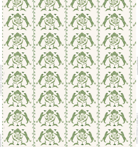 Leopards & Hares in Green- Wallpaper