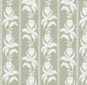 Blocked Tulips in Green- Grasscloth Wallpaper