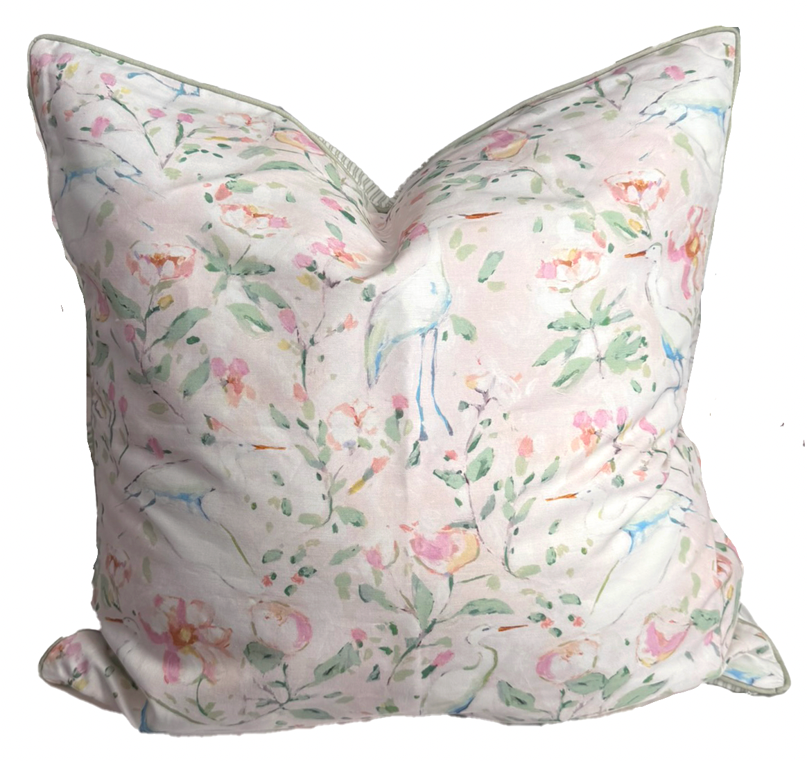 26x26 Egrets Pillow w/ Insert- Sage Piping w/ Green Ticking Back