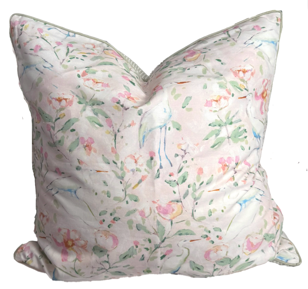 24x24 Egrets Pillow w/ Insert- Sage Piping w/ Green Ticking Back