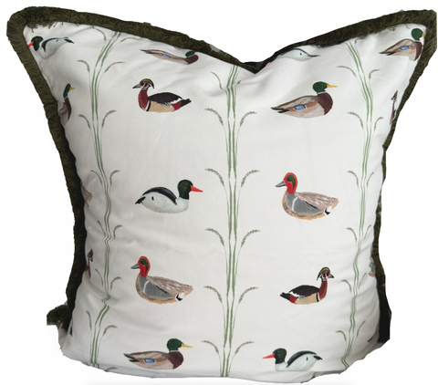 24x24 Ducks Pillow w/ Insert- Green Fringe