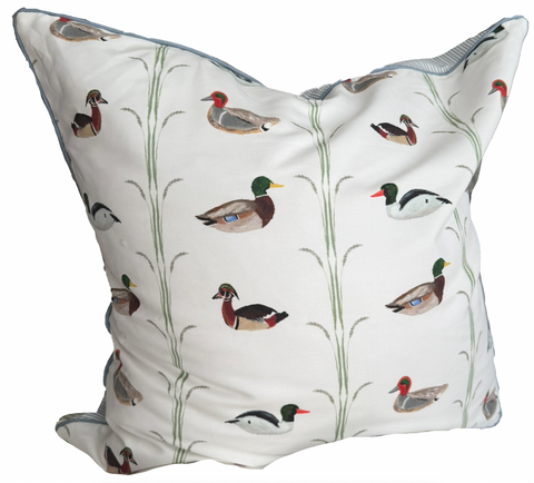 26x26 Ducks Pillow w/ Insert- Slate Piping w/ Navy Ticking Back