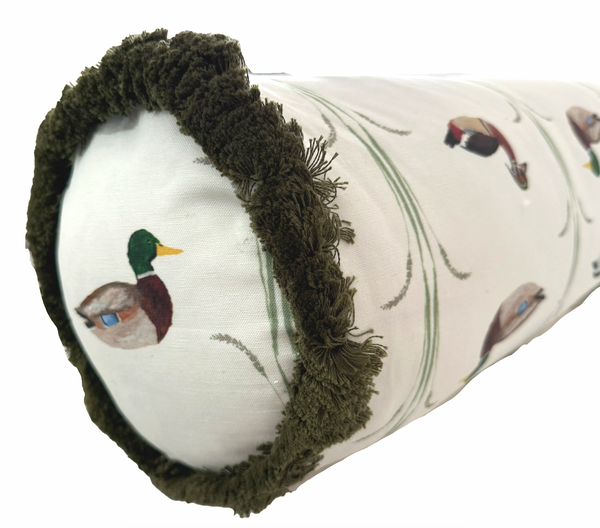 Small Bolster Ducks Pillow w/ Insert- Green Fringe